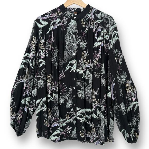 Free People Metallic Blooms Floral Peacock Bird Print Shirt Womens Size XS Black - Picture 1 of 6